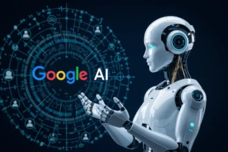 A képen egy robot látható, amely a Google AI logóját és a digitális hálózatot szemléli, utalva a keresőoptimalizálás új irányaira.