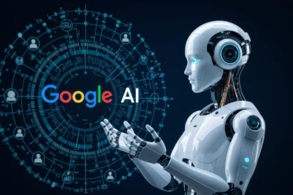 A képen egy robot látható, amely a Google AI logóját és a digitális hálózatot szemléli, utalva a keresőoptimalizálás új irányaira.