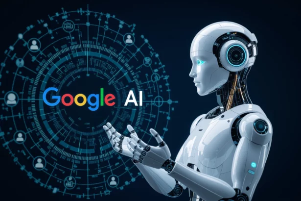 A képen egy robot látható, amely a Google AI logóját és a digitális hálózatot szemléli, utalva a keresőoptimalizálás új irányaira.