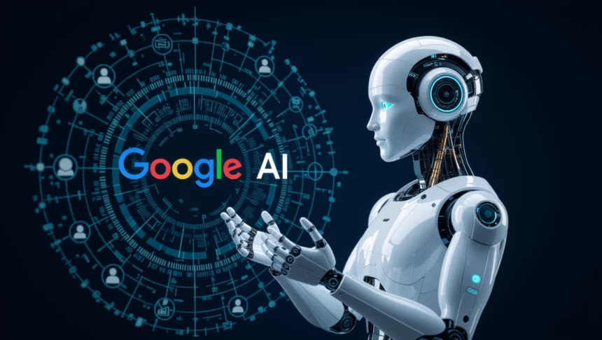 A képen egy robot látható, amely a Google AI logóját és a digitális hálózatot szemléli, utalva a keresőoptimalizálás új irányaira.
