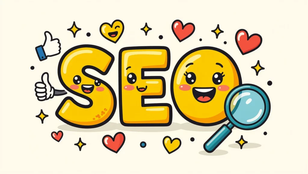 A képen a SEO (keresőoptimalizálás) szó színes, vidám betűkkel látható, körülötte szívecskék és mosolygó arcok díszítik, ami a digitális marketing fontosságát hangsúlyozza.