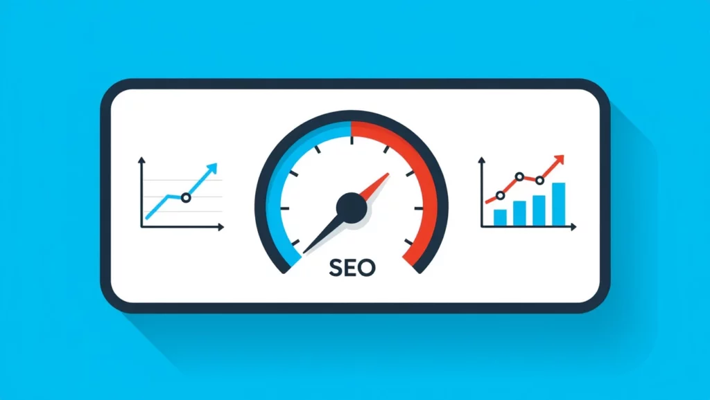 A kép egy SEO teljesítménymérőt ábrázol, amely grafikonokat és mutatókat tartalmaz a rangsorolás-követés folyamatáról.