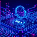 Egy digitális táblagép, amelyen a SEO felirat és grafikon látható, háttérben technológiai mintázattal.