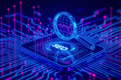 Egy digitális táblagép, amelyen a SEO felirat és grafikon látható, háttérben technológiai mintázattal.