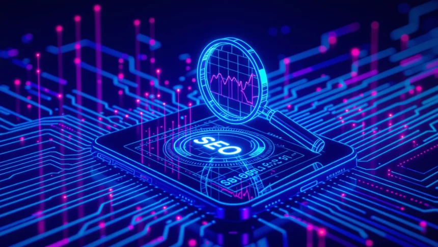 Egy digitális táblagép, amelyen a SEO felirat és grafikon látható, háttérben technológiai mintázattal.