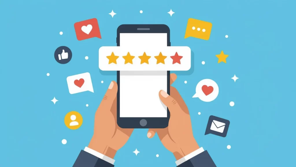 Két kéz egy okostelefont tart, amelyen ötcsillagos értékelés látható, körülötte közösségi média ikonok.