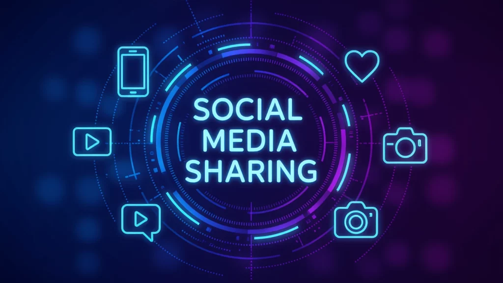 A kép a közösségi média megosztásának fontosságát hangsúlyozza, különböző ikonokkal, mint telefon, szív és kamera.