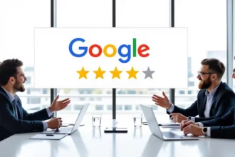 Három üzletember ül egy konferenciateremben, a háttérben a Google logója és csillagos értékelések láthatók, amelyek a keresőoptimalizálás fontosságát hangsúlyozzák.