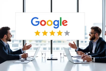 Három üzletember ül egy konferenciateremben, a háttérben a Google logója és csillagos értékelések láthatók, amelyek a keresőoptimalizálás fontosságát hangsúlyozzák.