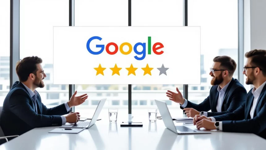 Három üzletember ül egy konferenciateremben, a háttérben a Google logója és csillagos értékelések láthatók, amelyek a keresőoptimalizálás fontosságát hangsúlyozzák.