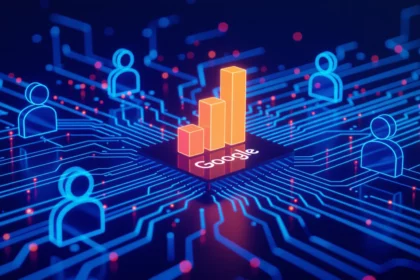 A Google Analytics logója körül diagramok és felhasználói ikonok láthatók, amelyek a weboldal forgalmának elemzésére utalnak.