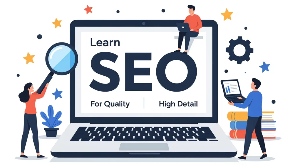 Egy laptop képernyőjén a 'Learn SEO' felirat látható, miközben emberek különböző eszközökkel dolgoznak a keresőoptimalizálás tanulmányozásán.