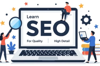 Egy laptop képernyőjén a 'Learn SEO' felirat látható, miközben emberek különböző eszközökkel dolgoznak a keresőoptimalizálás tanulmányozásán.