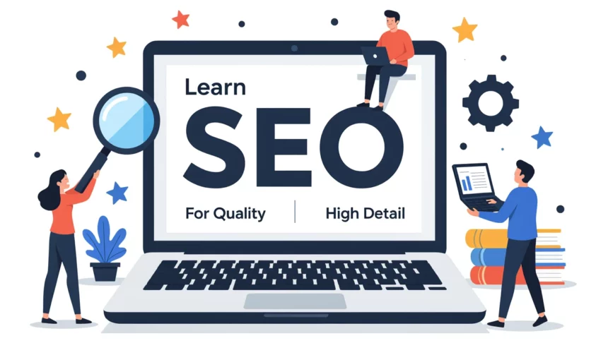 Egy laptop képernyőjén a 'Learn SEO' felirat látható, miközben emberek különböző eszközökkel dolgoznak a keresőoptimalizálás tanulmányozásán.