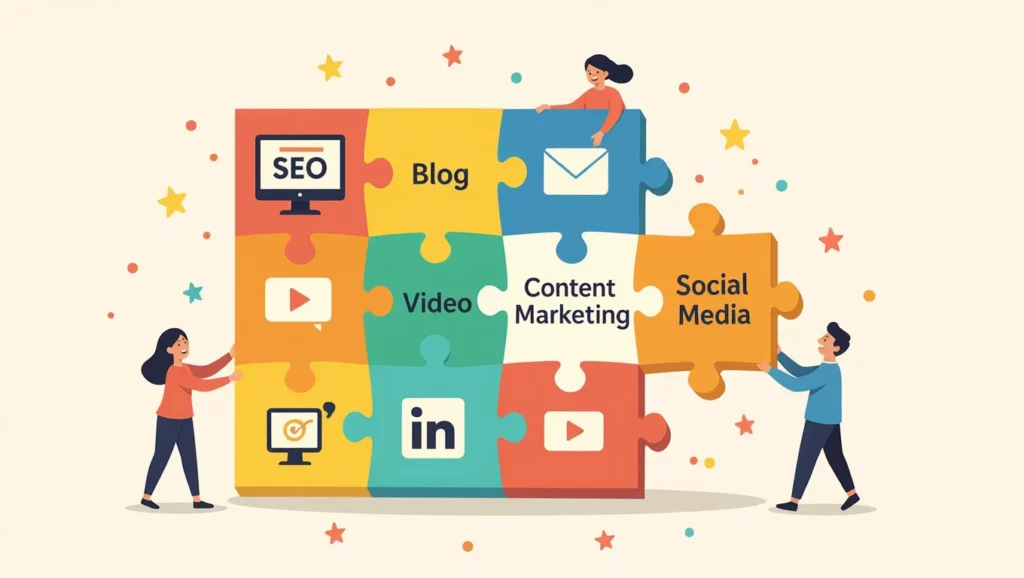 A képen különböző tartalomformák, mint blog, videó és közösségi média, puzzle darabokként jelennek meg, amelyek az SEO és a tartalommarketing összekapcsolását szimbolizálják.