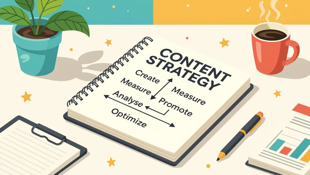 Egy asztalon elhelyezett jegyzetfüzet, amelyen a 'CONTENT STRATEGY' felirat olvasható. A jegyzetfüzet mellett kávé és növény található, ami a kreatív munkakörnyezetet jelképezi.