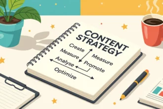 Egy asztalon elhelyezett jegyzetfüzet, amelyen a 'CONTENT STRATEGY' felirat olvasható. A jegyzetfüzet mellett kávé és növény található, ami a kreatív munkakörnyezetet jelképezi.