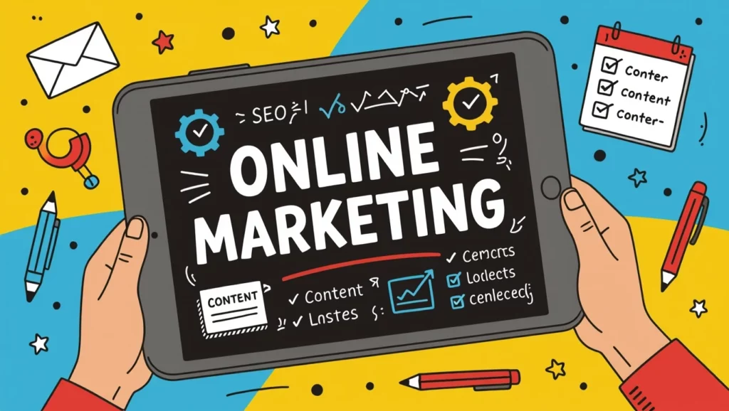 A képen egy tablet látható, amelyen az online marketing és SEO kulcsszavai, mint a tartalom és konverzió, grafikusan megjelenítve.