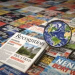 A képen különböző magazinok borítói láthatók, amelyek a tartalomkannibalizáció és SEO témájával foglalkoznak, középen egy földgömbbel.