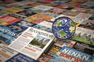 A képen különböző magazinok borítói láthatók, amelyek a tartalomkannibalizáció és SEO témájával foglalkoznak, középen egy földgömbbel.