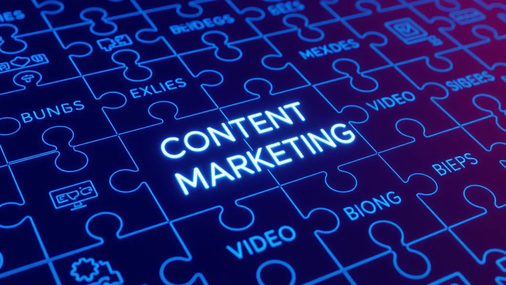 A képen egy kirakós játék darabjai láthatók, amelyek között a 'CONTENT MARKETING' felirat kiemelkedik, utalva a tartalomnaptár tervezésére és SEO fontosságára.