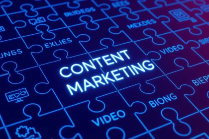 A képen egy kirakós játék darabjai láthatók, amelyek között a 'CONTENT MARKETING' felirat kiemelkedik, utalva a tartalomnaptár tervezésére és SEO fontosságára.