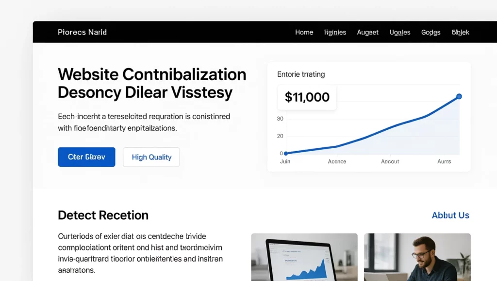 A weboldal dizájnja, amely a tartalom optimalizálására és keresőoptimalizálásra fókuszál, grafikonokkal és információs blokkokkal.