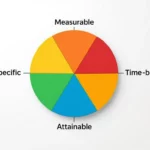 A képen egy színes kördiagram látható, amely a SEO teljesítménymutatók (KPI-k) négy fő jellemzőjét mutatja be: specifikus, mérhető, elérhető és időhöz kötött.