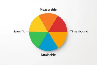 A képen egy színes kördiagram látható, amely a SEO teljesítménymutatók (KPI-k) négy fő jellemzőjét mutatja be: specifikus, mérhető, elérhető és időhöz kötött.