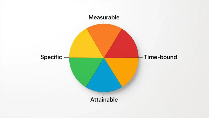 A képen egy színes kördiagram látható, amely a SEO teljesítménymutatók (KPI-k) négy fő jellemzőjét mutatja be: specifikus, mérhető, elérhető és időhöz kötött.