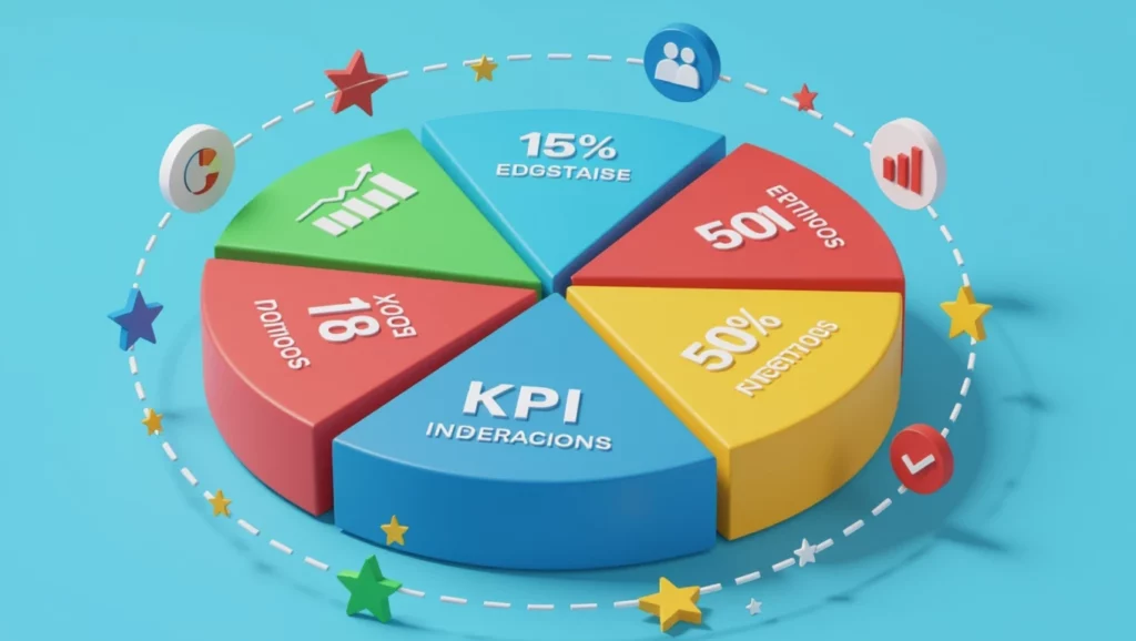 A kép egy színes diagramot ábrázol, amely a SEO teljesítménymutatók (KPI) különböző összetevőit mutatja be, mint például az interakciók és a teljesítési arányok.