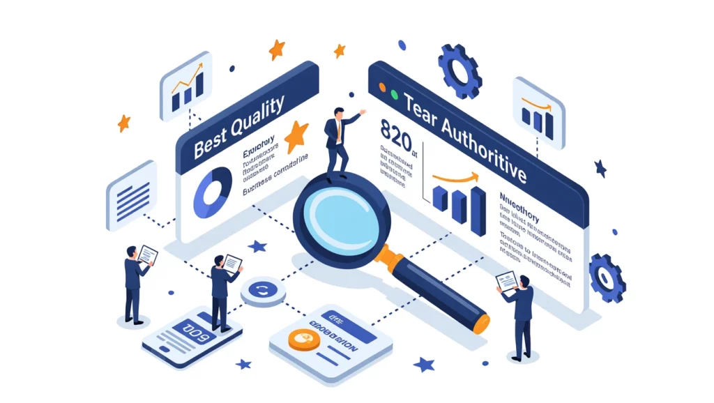 A képen különböző grafikonok és statisztikák láthatók, amelyek a témakör-autoritás és a keresőoptimalizálás fontosságát hangsúlyozzák, miközben szakértők dolgoznak.