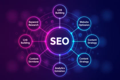 Színes grafika az SEO kulcsfontosságú elemeiről, mint a linképítés és tartalomstratégia.