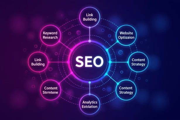 Színes grafika az SEO kulcsfontosságú elemeiről, mint a linképítés és tartalomstratégia.