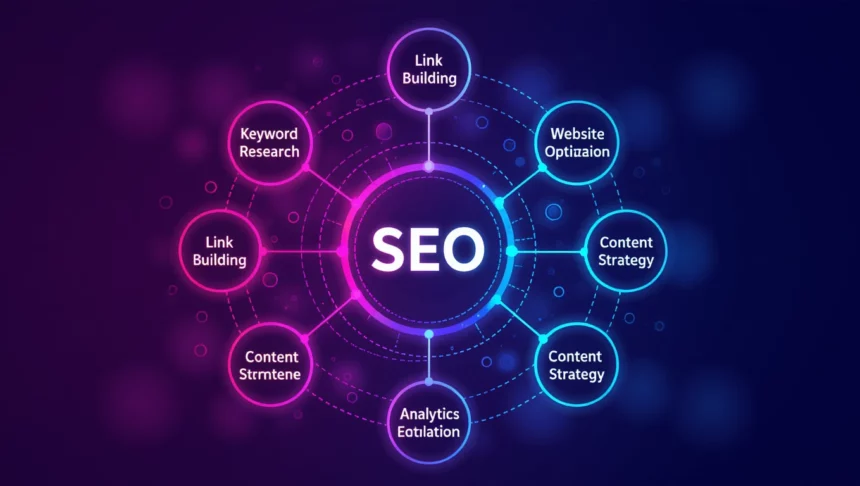 Színes grafika az SEO kulcsfontosságú elemeiről, mint a linképítés és tartalomstratégia.