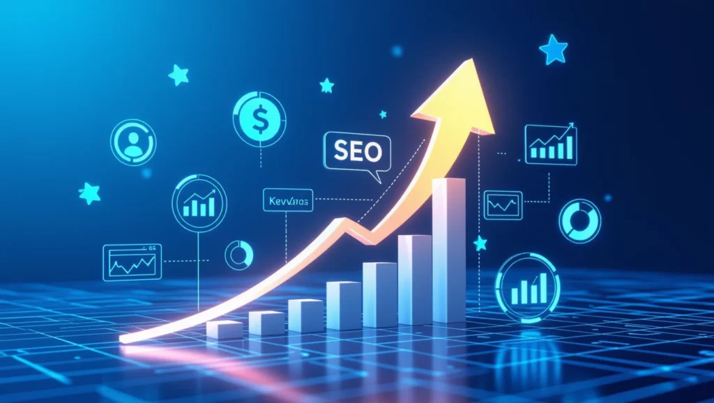 Grafikon, amely az SEO teljesítményének növekedését mutatja, háttérben digitális ikonokkal.