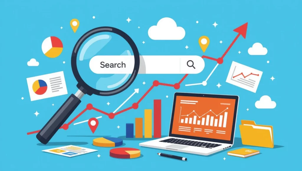 A kép egy SEO és keresőoptimalizálás témájú illusztrációt ábrázol, amelyen grafikonok, diagramok és egy keresőmező látható.
