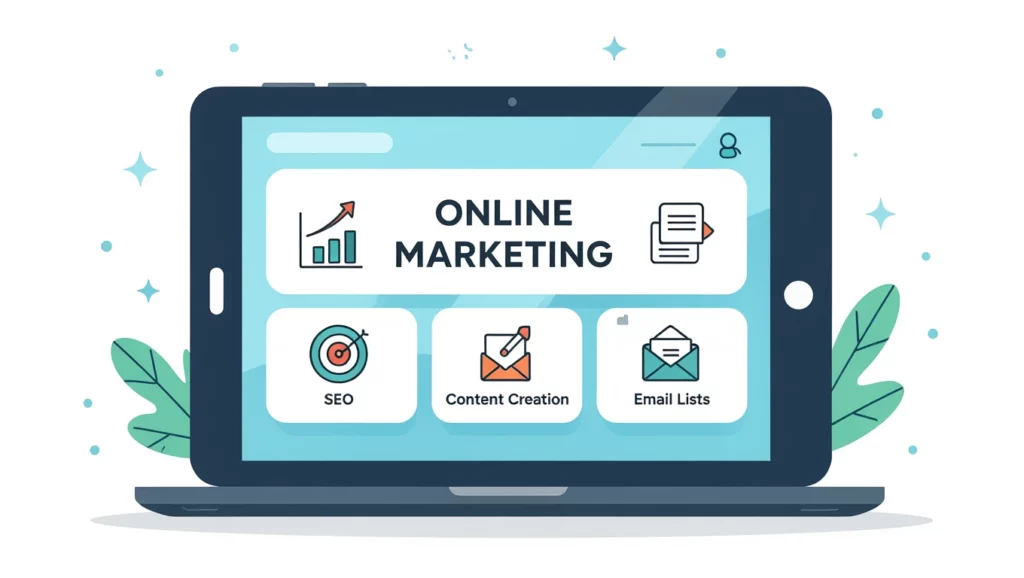 A képen egy laptop látható, amelyen az online marketing különböző aspektusai, mint a SEO, tartalomkészítés és email listák, jelennek meg.