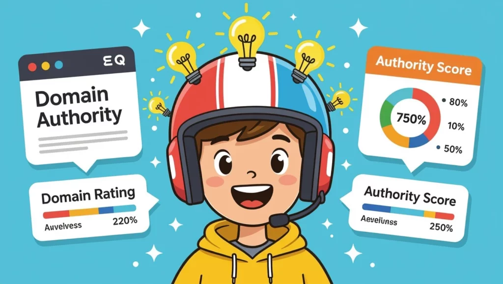 Egy fiatal fiú, aki sisakot visel, körülötte Domain Authority és Authority Score grafikonok, valamint izzó villanykörték, amelyek az ötletek áramlását szimbolizálják.
