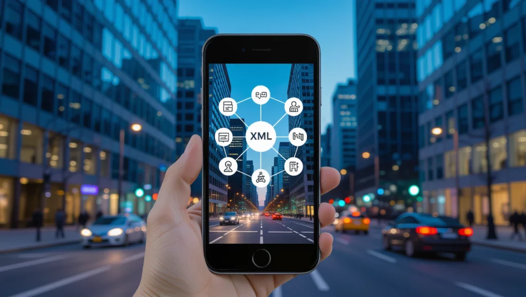 Egy okostelefon képernyőjén XML webhelytérkép ikonok láthatók, háttérben városi táj.