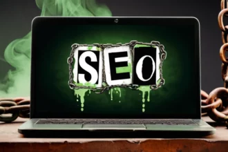 Egy laptop képernyőjén a SEO felirat látható, láncokkal körülvéve, zöld háttérrel. A kép a toxikus linkek veszélyeire utal.