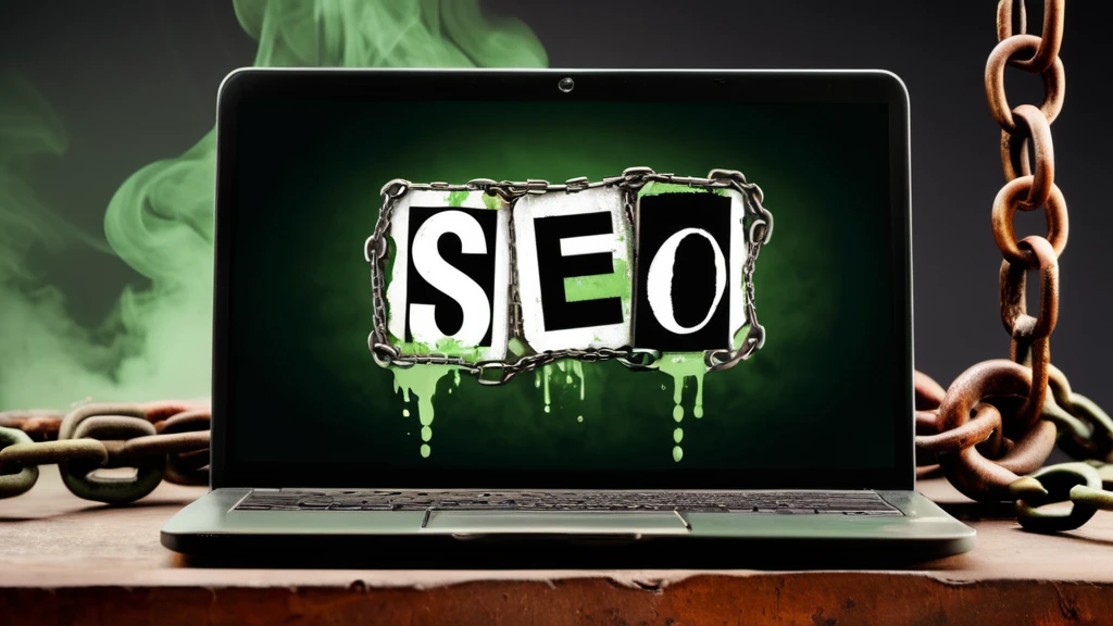 Egy laptop képernyőjén a SEO felirat látható, láncokkal körülvéve, zöld háttérrel. A kép a toxikus linkek veszélyeire utal.