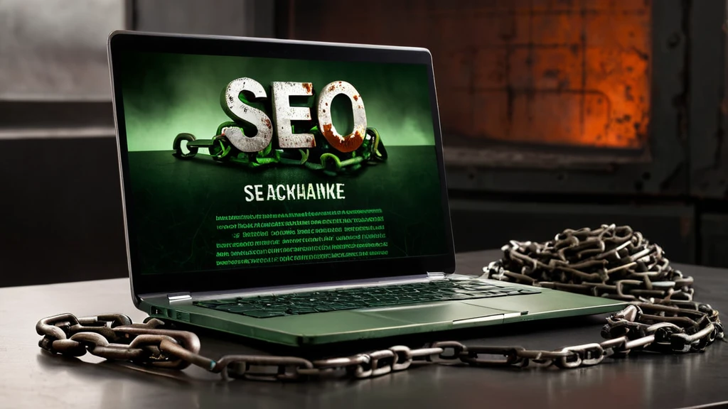 Egy laptop, amelyen a SEO felirat látható, láncokkal körülvéve, utalva a toxikus linkek veszélyeire.