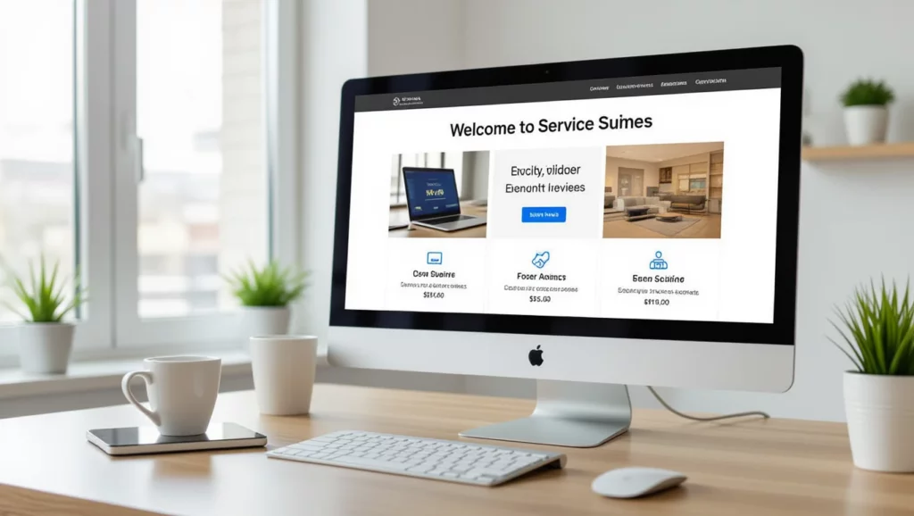 Egy modern számítógép asztalon, amelyen egy szolgáltató oldal üdvözlőlapja látható, bemutatva a szolgáltatásokat és árakat.
