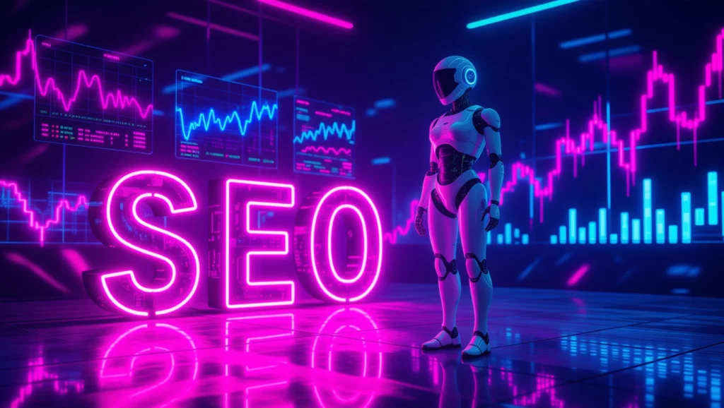 Egy futurisztikus robot áll a neonfényben, a háttérben SEO grafikonokkal.
