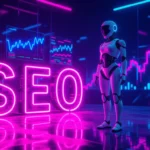Egy futurisztikus robot áll a neonfényben, a háttérben SEO grafikonokkal.