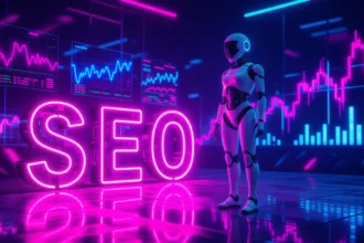 Egy futurisztikus robot áll a neonfényben, a háttérben SEO grafikonokkal.