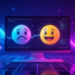 Egy számítógép képernyőjén boldog és szomorú emoji látható, színes háttérrel.