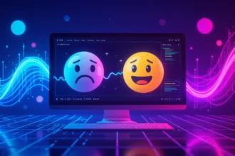 Egy számítógép képernyőjén boldog és szomorú emoji látható, színes háttérrel.