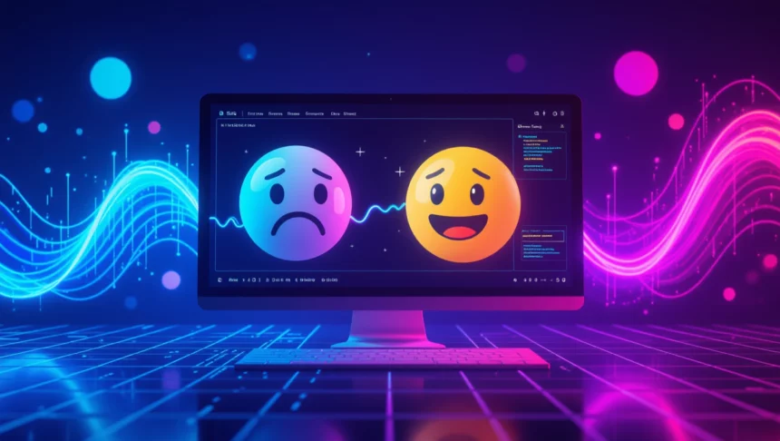 Egy számítógép képernyőjén boldog és szomorú emoji látható, színes háttérrel.